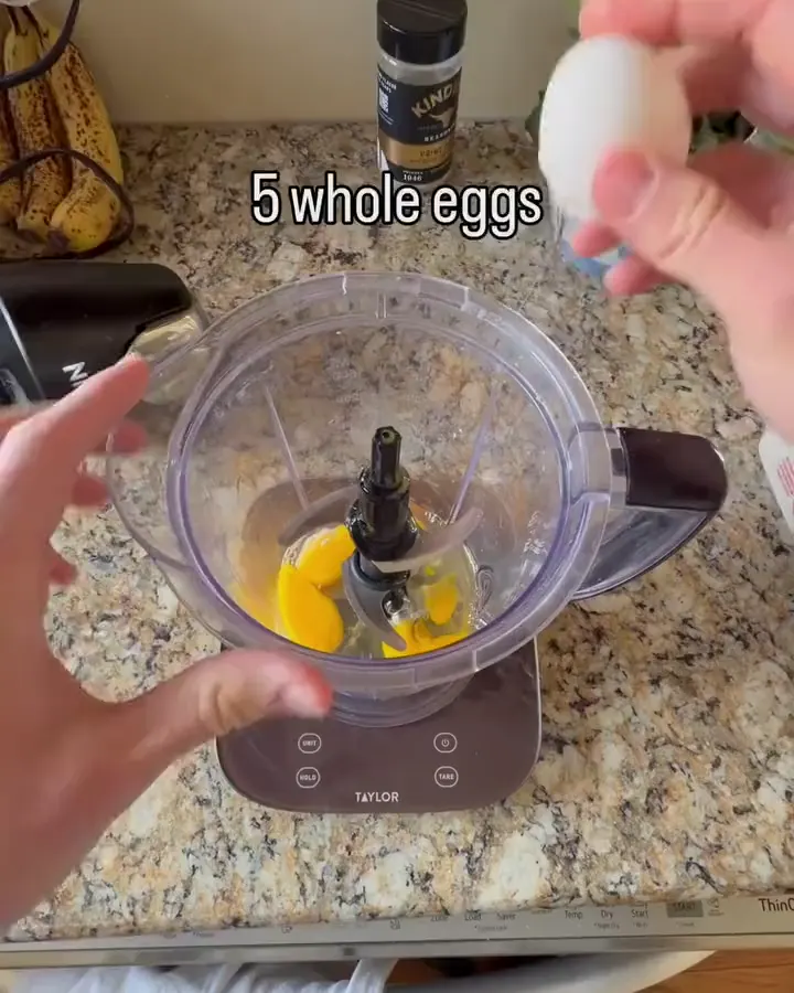 5 whole eggs, then 1 banana, into the blender.
