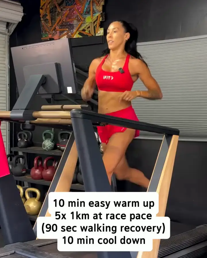 Hannah on her treadmill, from her reel with her 5 x 1 km session card.