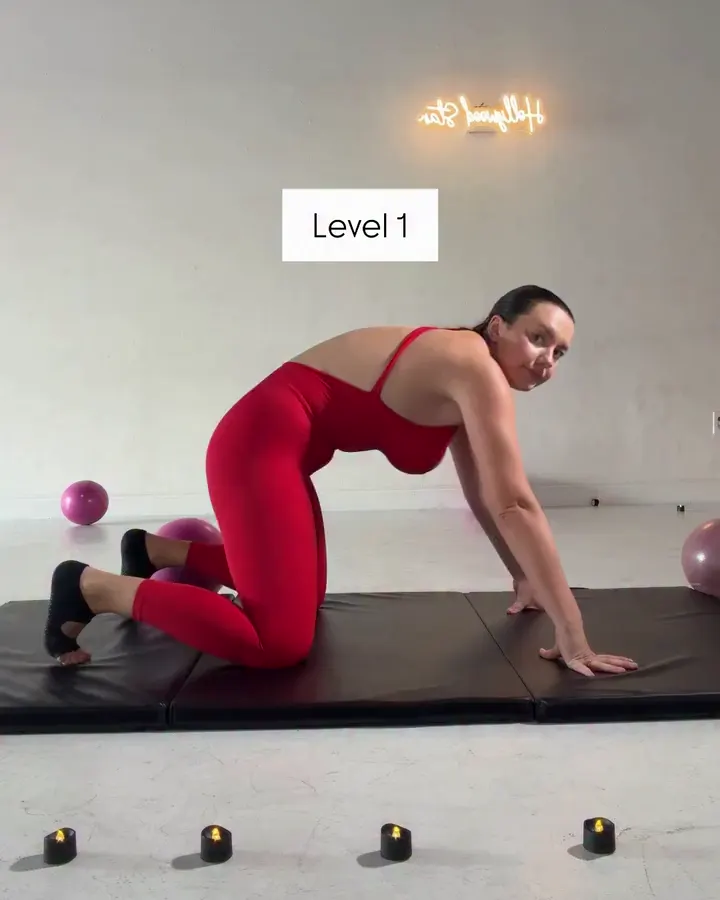 Ilona on a mat in her studio, her caption: Level 1.