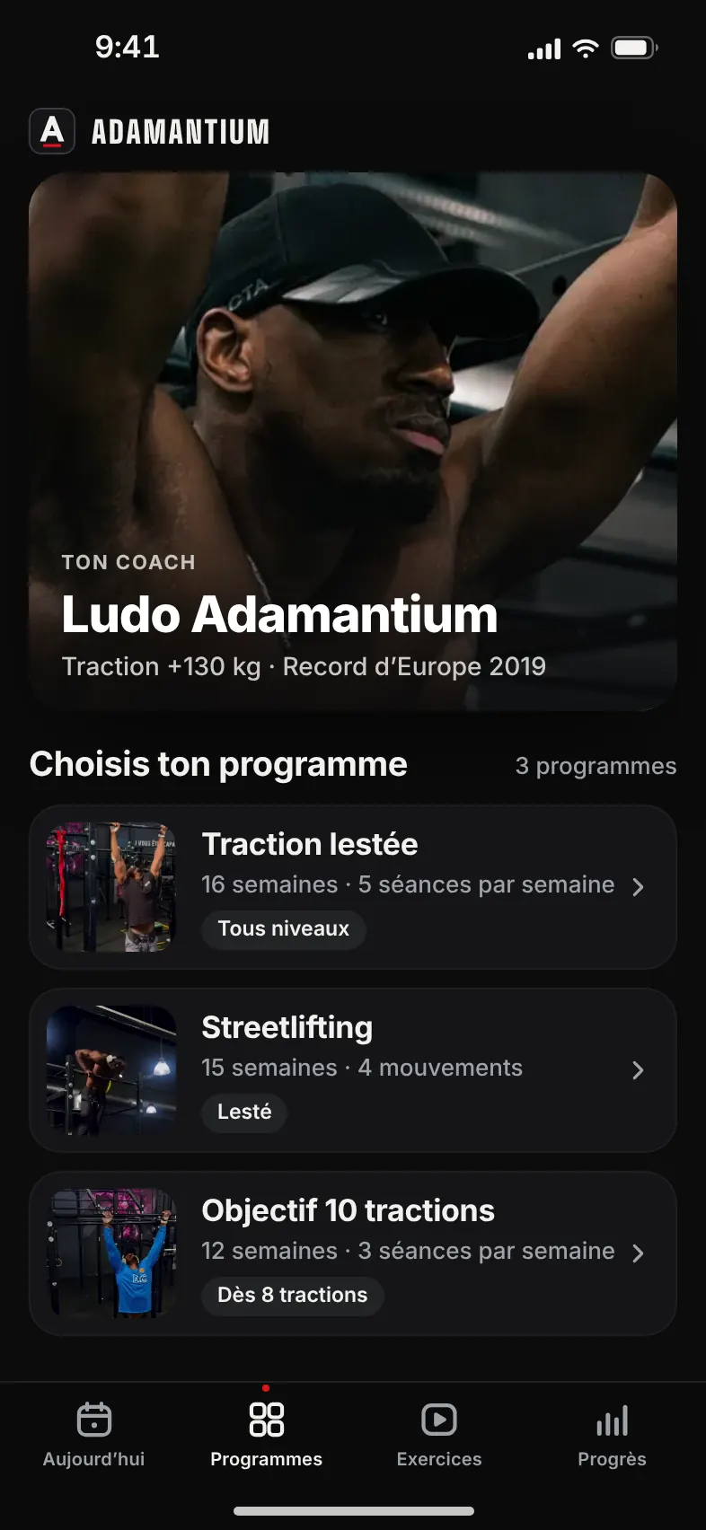 L’écran Programmes de l’app ADAMANTIUM&nbsp;: ta photo, puis tes trois programmes à choisir.