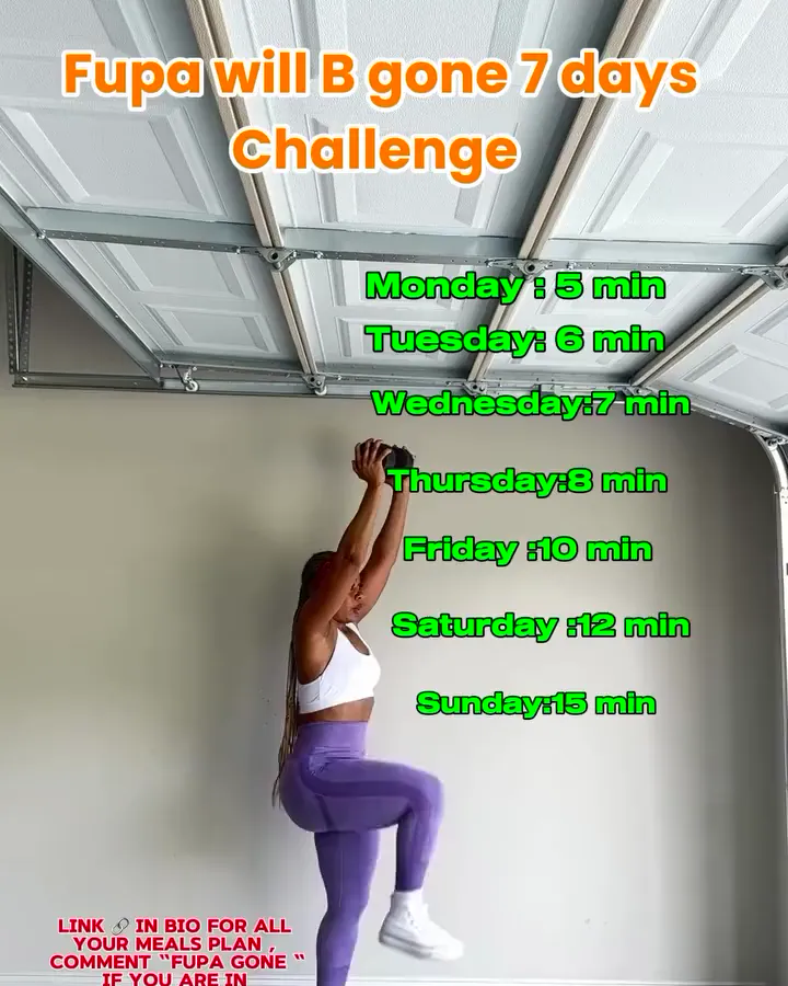 Solange in her garage gym, from her reel Fupa Gone, 7 days challenge, Monday 5 min to Sunday 15 min.